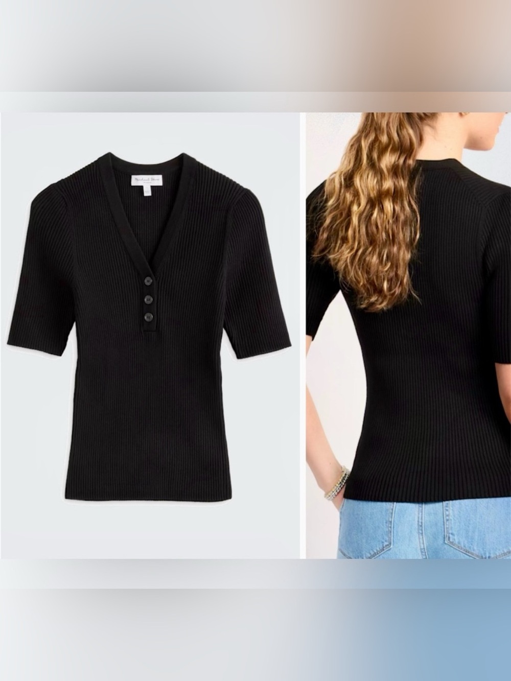 NWT Michael Stars Jeanny V-Neck Ribbed Short Sleeve Henley Top in Black